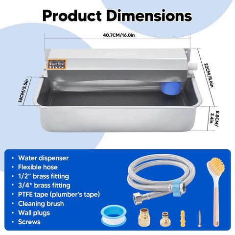 Top Tier Automatic Dog Water Dispenser 6 Liter Gravity Feeder dimensions with stainless steel bowl and accessory layout.