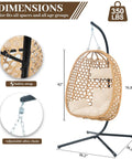 Cozy Hanging Egg Chair With Stand And Plush Cushions for Indoor Outdoor Chill Sessions All Weather Rattan Swing Seat with dimensions.
