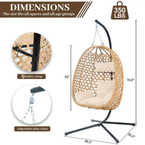 Cozy Hanging Egg Chair With Stand And Plush Cushions for Indoor Outdoor Chill Sessions All Weather Rattan Swing Seat with dimensions.