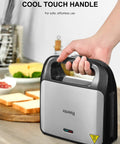 Reemix 3-In-1 Waffle Grill And Sandwich Maker Panini Press With 750W Power, showcasing cool touch handle for safe use.