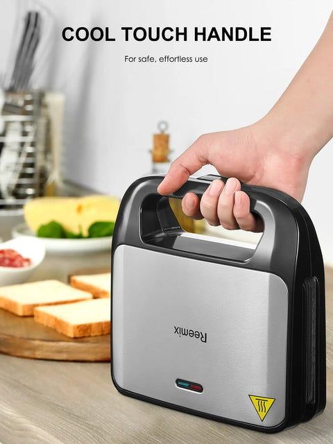 Reemix 3-In-1 Waffle Grill And Sandwich Maker Panini Press With 750W Power, showcasing cool touch handle for safe use.