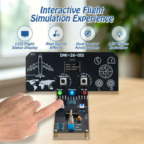 Interactive LCD display of Straight Up DIY Flight Simulator Soldering Kit with control knobs for real-time data readouts.