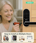 Woman installing Plug And Play Built In Wifi Smart Door Lock Handle with screwdriver, showcasing keyless entry convenience.