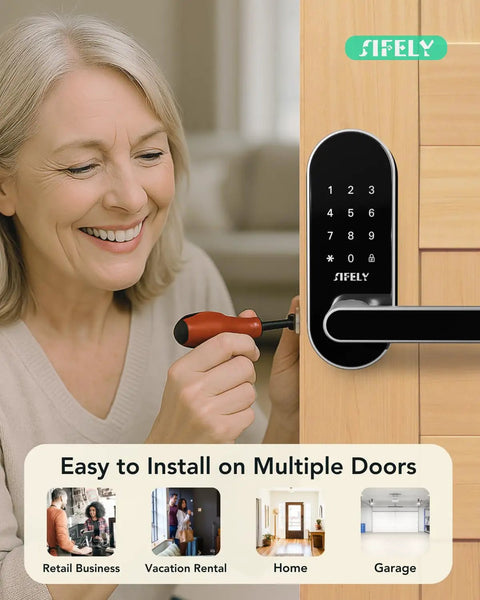 Woman installing Plug And Play Built In Wifi Smart Door Lock Handle with screwdriver, showcasing keyless entry convenience.