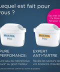 Two MAXTRA PRO water filter cartridges for coffee machines and kettles on a blue background, showing anti-scale and pure performance features.