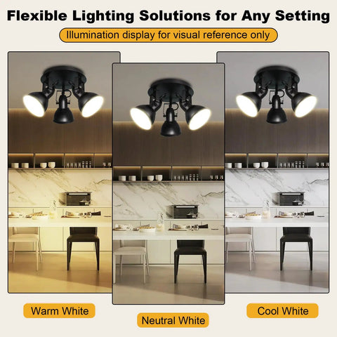 Industrial 3 Light LED Track Lighting Kit In Black with adjustable heads installed in kitchen showing warm, neutral, and cool white light