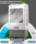 Portable Evaporative Air Conditioner With Remote And Wide Angle Oscillation Plus 3 In 1 Swamp Cooler And Humidifier Featuring 7 5 Hour Timer And Dual Cooling For Quick No Sweat Comfort Anywhere with adjustable speed settings.
