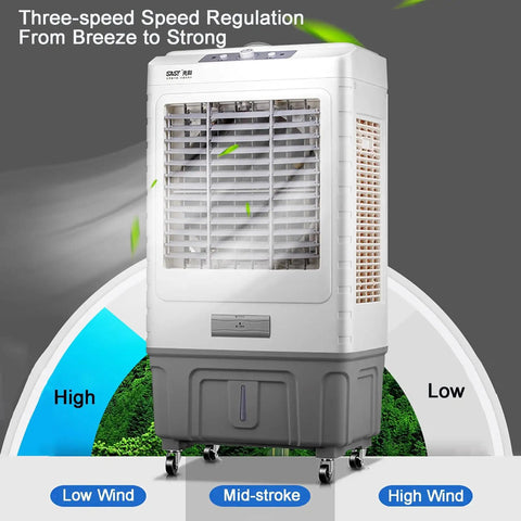Portable Evaporative Air Conditioner With Remote And Wide Angle Oscillation Plus 3 In 1 Swamp Cooler And Humidifier Featuring 7 5 Hour Timer And Dual Cooling For Quick No Sweat Comfort Anywhere with adjustable speed settings.