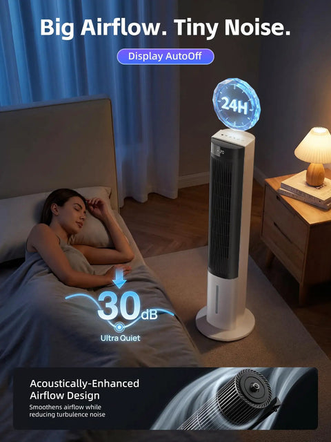 40 Inch Tower Portable Evaporative Cooler With Remote For Indoor Use, quiet operation near sleeping person in bedroom