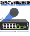 Industrial DIN Rail 8 Port PoE Plus Switch, With Gigabit And SFP Uplinks, 120W Budget, Power Over Ethernet For IP Cameras, Wireless APs, And VoIP Phones black metal housing, 5.88 in wide