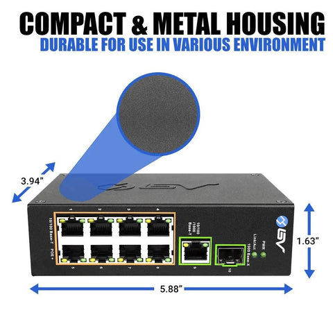 Industrial DIN Rail 8 Port PoE Plus Switch, With Gigabit And SFP Uplinks, 120W Budget, Power Over Ethernet For IP Cameras, Wireless APs, And VoIP Phones black metal housing, 5.88 in wide