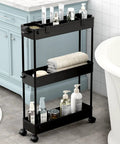 Space Saving Slim Storage Cart With 3 Tier Rolling Utility Smart Organizer Fits Tight Spots In Narrow Gaps In Bathroom Kitchen Laundry Or Office Black seen in bathroom setting