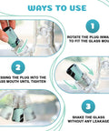 Steps to use Glass Cleaning Plugs 3pc Silicone Stoppers Set For Reusable Glass Cleaner Accessory showing secure fit and shaking.