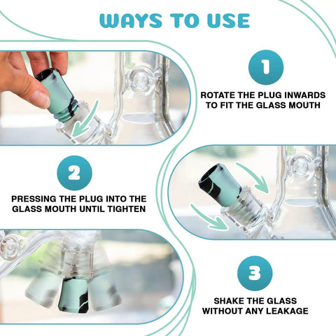 Steps to use Glass Cleaning Plugs 3pc Silicone Stoppers Set For Reusable Glass Cleaner Accessory showing secure fit and shaking.