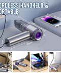 Cordless Handheld Car Vacuum With 20000Pa Max Suction, shown charging beside a smartphone, highlighting size comparison.
