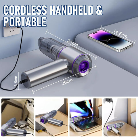 Cordless Handheld Car Vacuum With 20000Pa Max Suction, shown charging beside a smartphone, highlighting size comparison.