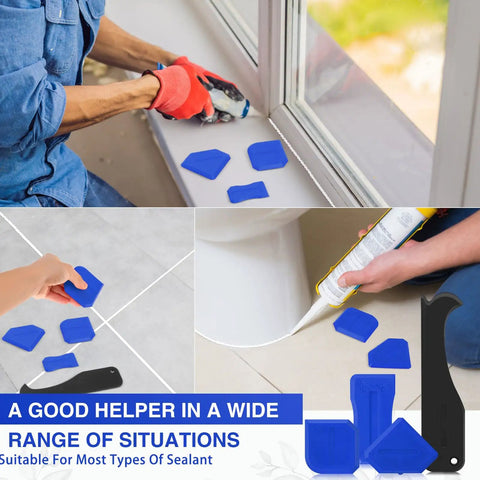 Four Piece Silicone Caulking Tool Set For Sealant Finishing And Grout Scraping Flexible Plastic Tools in use on various surfaces.