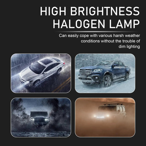 High brightness halogen lamp for harsh weather conditions showcasing cars in various terrains.