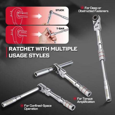 60 Piece Pivoting Flex Head T-Handle Ratchet Wrench Set With 72-Tooth Reversible Ratchet, One Quarter Inch Extension Bar