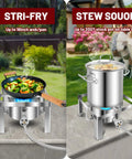 Portable 55,000 BTU Stainless Steel Propane Burner For Camping And Outdoor Cooking With CSA Regulator And Windshields, 12 Inch Compact Stove showcased cooking stir-fry and stew in a backyard setting