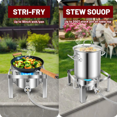 Portable 55,000 BTU Stainless Steel Propane Burner For Camping And Outdoor Cooking With CSA Regulator And Windshields, 12 Inch Compact Stove showcased cooking stir-fry and stew in a backyard setting