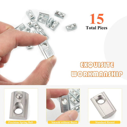 Set Of Fifteen Five Sixteenth Inch Eighteen Thread T Nuts Spring Loaded With Ball Bearings In Silver Zinc Plated Carbon Steel