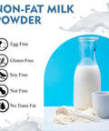 100 Percent Real Instant Nonfat Powdered Milk Your Go To For Baking And Coffee Substitute displayed with glass of milk and mug