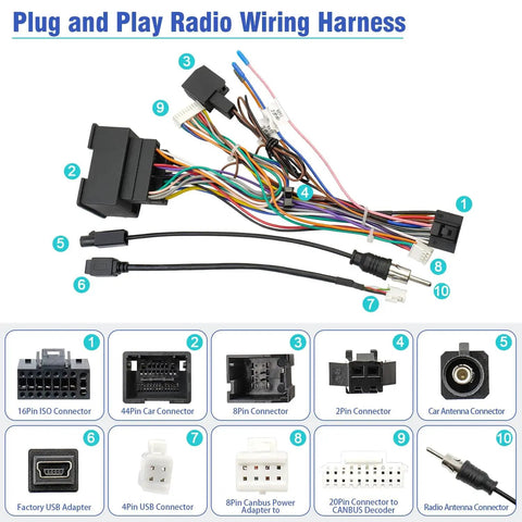 44Pin Android Car Stereo Wiring Harness Kit For Chevrolet Malibu Trax Cruze Aveo Orlando 2012 2016 16Pin ISO Connector With Factory USB Adapter Antenna Cable No Canbus AMP Function, with labeled connectors including ISO, USB, and Antenna.