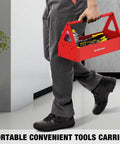 Red Portable Metal Tool Box Tote Tray For Mechanics And DIY Pros On The Go Durable Versatile Storage Organizer That Fits Wrenches Sockets Pliers And Electrician Gear, red steel tool tray with handle