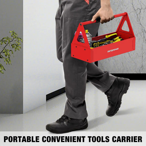 Red Portable Metal Tool Box Tote Tray For Mechanics And DIY Pros On The Go Durable Versatile Storage Organizer That Fits Wrenches Sockets Pliers And Electrician Gear, red steel tool tray with handle