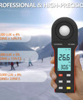 Illuminance Light Meter Digital Lux Meter 0.1 To 400000 Lux 270 Degree Rotatable Detector For Plants LED Grow Lights Indoor Outdoor For Photography And Home Use Pro Grade High Accuracy held in hand showing display outdoors