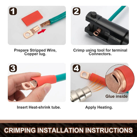 Thickened Copper Wire Lugs Kit installation steps with heat shrink tubing for heavy duty battery cable ends, marine connectors.