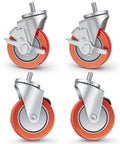 Set Of 4 Transmission Jack Casters 1/2 Inch-13 Red Poly Rotating Threaded Rod Casters With 360 Degree Swivel Wheels, 2 Locking, 2 Non Locking