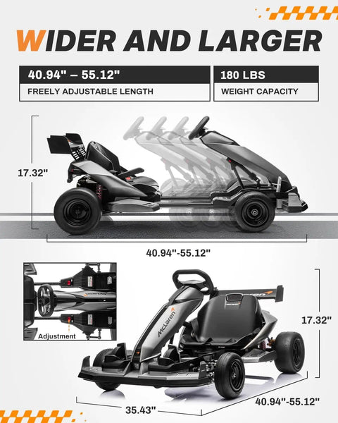 Side and front view of McLaren Licensed 48V Electric Go Kart For Big Kids Hits 15 MPH With Adjustable Seat and Hydraulic Disc Brake