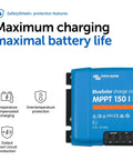 BlueSolar MPPT Solar Charge Controller For Panels And Batteries, 150V 35A, features text on safety and battery protection.