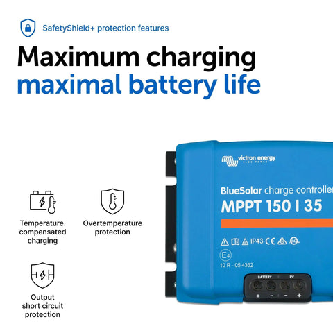 BlueSolar MPPT Solar Charge Controller For Panels And Batteries, 150V 35A, features text on safety and battery protection.