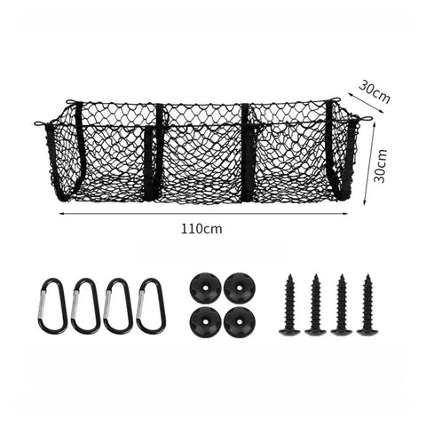 Hammock Style Three Compartment Cargo Net Made For Tesla Cybertruck 2024 measuring 110x30x30cm with hooks and screws for installation.