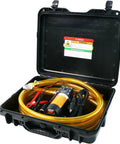 No Sweat 12V 75W Electric Gas Fuel Transfer Pump Set Workhorse Grade in portable case with tough hose and dual adapter cords.