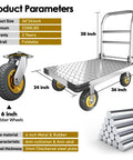 Heavy Duty Platform Truck With 2200 Lbs Capacity Foldable Moving Flatbed Cart, 36x24 inches, 6 inch wheels, steel construction, product parameters.