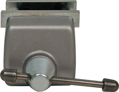 Front view of Low Profile Vise Head with Beefy Steel Jaws and Tilt Turn Rotate Tech, 7.75 inch length, workholding tool for metalworking.