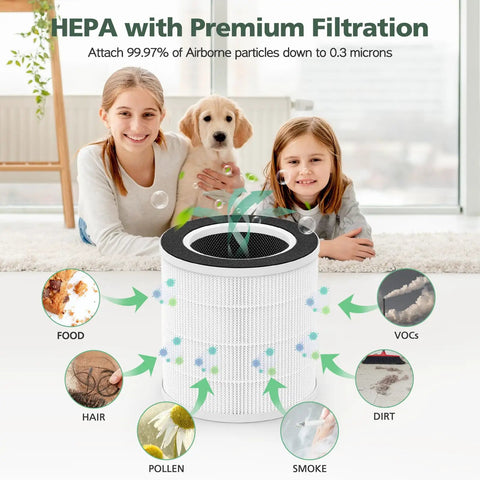 3 Stage HEPA And Activated Carbon Replacement Filter For VK6067B Air Purifier, two kids and dog in living room, air quality elements
