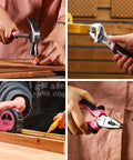 Close-up of pink cordless drill set for women with hammer, wrench, pliers, and tape measure for DIY home improvement.