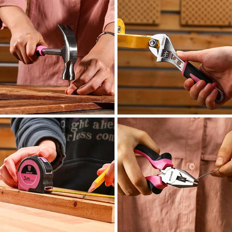 Close-up of pink cordless drill set for women with hammer, wrench, pliers, and tape measure for DIY home improvement.