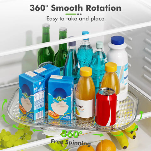 360 Degree Lazy Susan Refrigerator Organizer Spins Smooth With Non Slip Base holding beverages and snacks in fridge