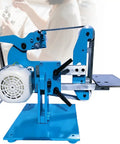 Heavy Duty Brushless Belt Sander And Polisher For Wood And Metal Vertical And Horizontal Bench Grinder With Kickass Steel Frame And 750W Motor Oomph For Slick Shop Smooth Finishes side view of blue bench sander with motor and adjustable parts