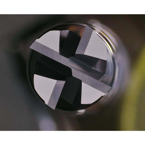 WEXWE carbide square-end milling cutter, 4-flute, 1/4-in shank, viewed through tool holder