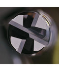 Close-up of the 4-flute end of Extra Long Carbide Square End Mill 4 Flute 3/8 Inch Shank Built To Cut Alloy Steels Cast Iron And Hardened Steel MAH