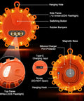 USB C Rechargeable LED Road Flares Kit With Magnetic Base, Emergency Roadside Warning Lights, product features annotated