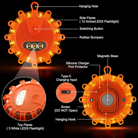 USB C Rechargeable LED Road Flares Kit With Magnetic Base, Emergency Roadside Warning Lights, product features annotated