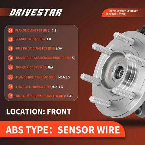 Go-To Front Left And Right Wheel Hub Bearing Assembly For Ford F150 2015 2017 4WD Only With ABS Sensor Wire specs
